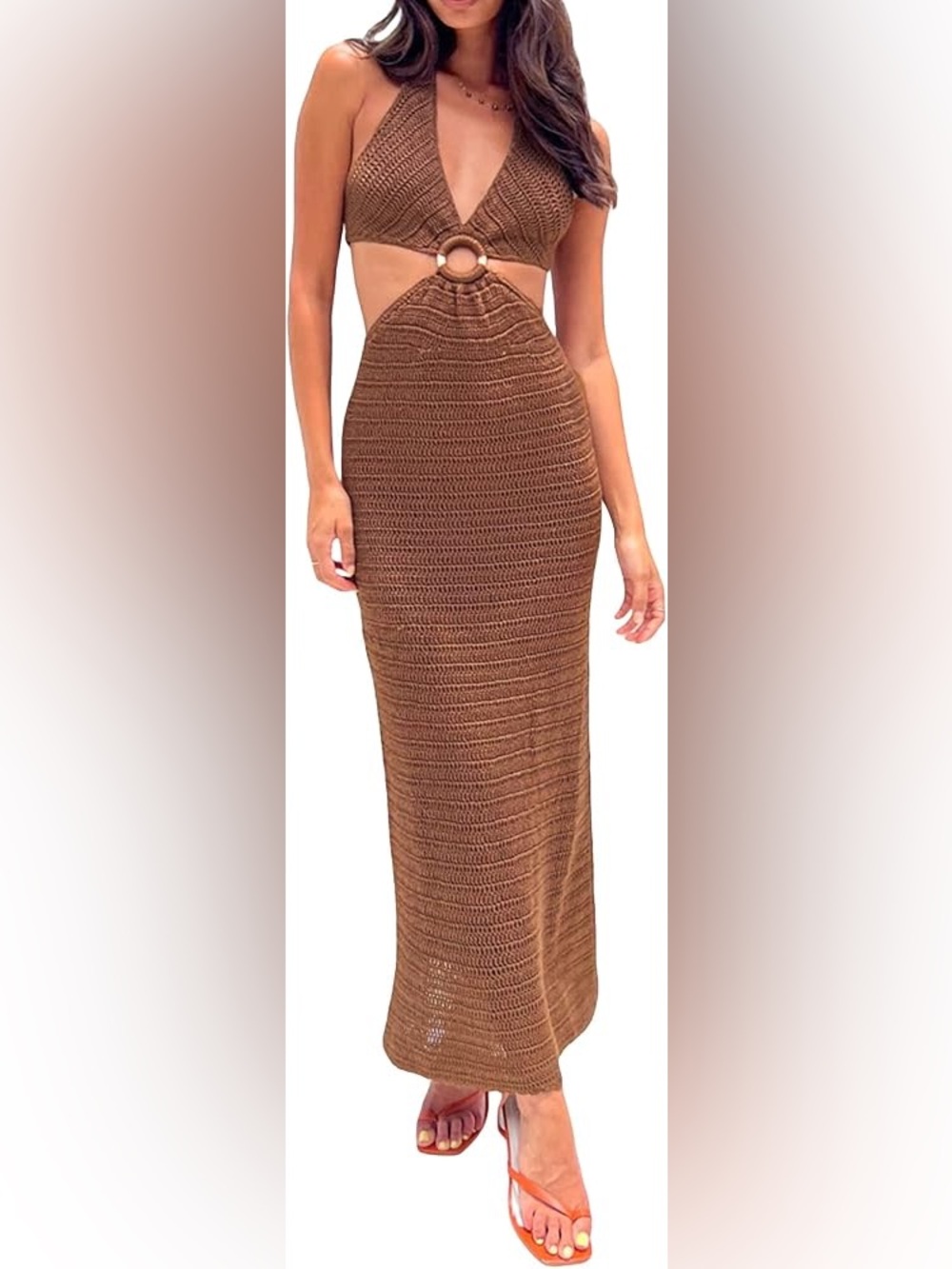 Elan Brown Crochet Ring-Front Halter Maxi Dress